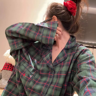 韩国东大门睡衣女春秋季长袖简约复古格子ins网红感家居服可外穿