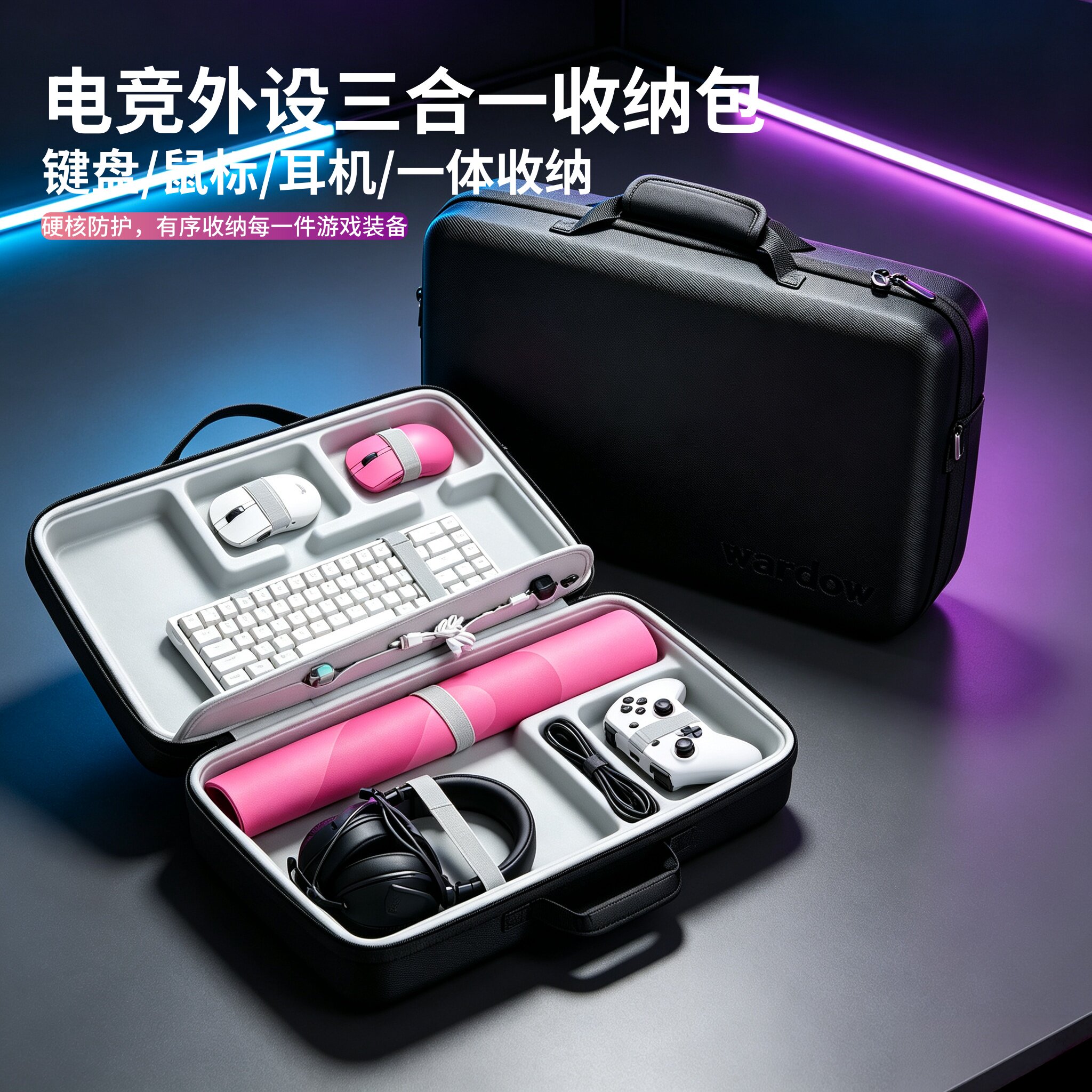键盘鼠标耳机一体收纳包电竞外设三件套收纳箱鼠标垫收纳保护硬壳图片