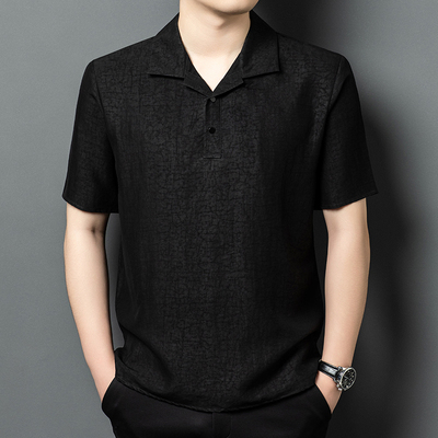 高端龟裂纹香云纱男装2025夏季新款桑蚕丝短袖T恤新中式薄款衬衣