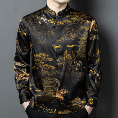 真丝香云纱长袖衬衫2025秋季新款男装宽松休闲立领爸爸装衬衣