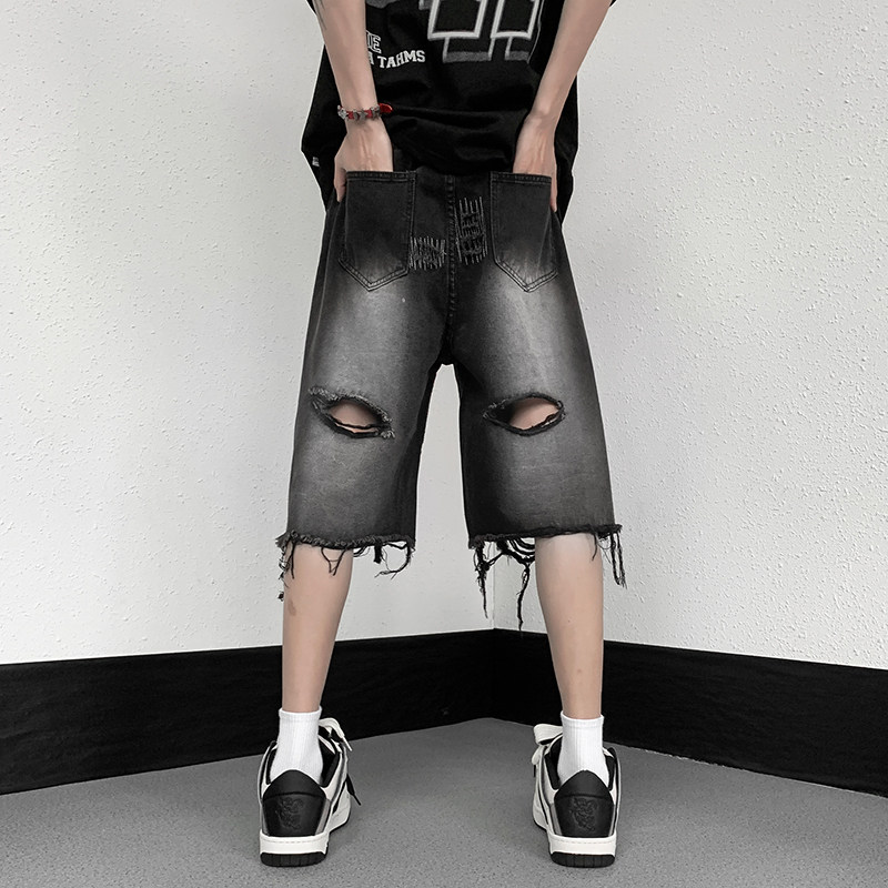 RIPPED DENIM SHORTS MENS SUMMER THIN OVER-THE-KNEE MIDDLE PANTS RAW EDGES BEGGARS FRIED STREET PANTS HIGH STREET TIDE INS