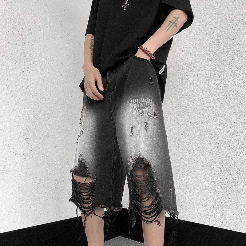 RIPPED DENIM SHORTS MENS SUMMER THIN OVER-THE-KNEE MIDDLE PANTS RAW EDGES BEGGARS FRIED STREET PANTS HIGH STREET TIDE INS