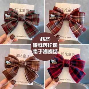 韩版 子蝴蝶结儿童发夹刘海对夹顶夹夹子发饰头饰 秋冬呢料英伦风格