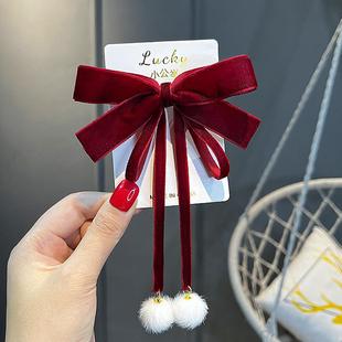 原创饰品 丝绒蝴蝶结头饰飘带红色发饰发夹发卡汉服毛球订婚女