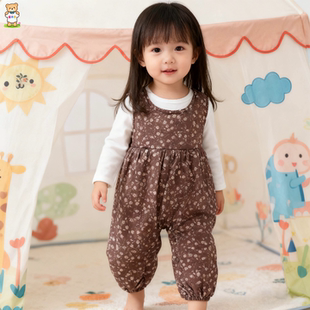 秋冬新款女宝宝连体衣婴幼儿小月龄背带裤夹棉加绒冬装爬服