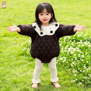 婴儿连体衣棉服加绒秋冬季爬服小月龄女宝宝三角包屁外出衣服冬装
