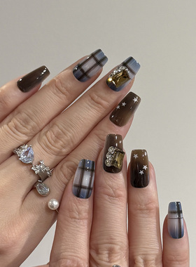NailArt栗子蓝穿戴甲高级显白中方款ins纯欲风氛围感学生美甲贴片