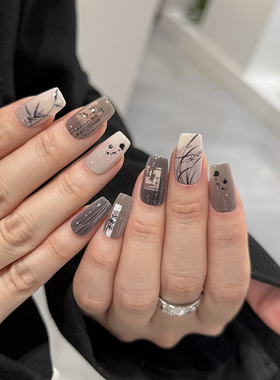 NailArt古风墨竹穿戴甲高级显白中方ins纯欲风氛围感学生美甲贴片