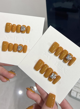 NailArt南瓜色堆钻穿戴甲高级显白短中方ins纯欲风氛围感学生美甲