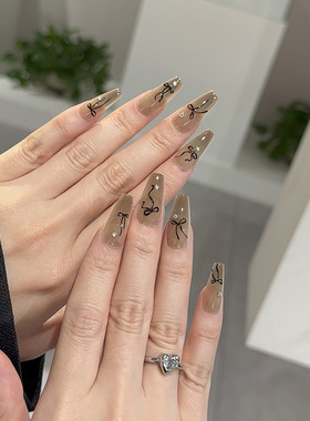 NailArt渐变蝴蝶结穿戴甲高级显白中方长梯ins纯欲风氛围感美甲片