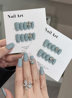 NailArt雾霾蓝穿戴甲高级显白短方圆中方ins纯欲风氛围感学生美甲