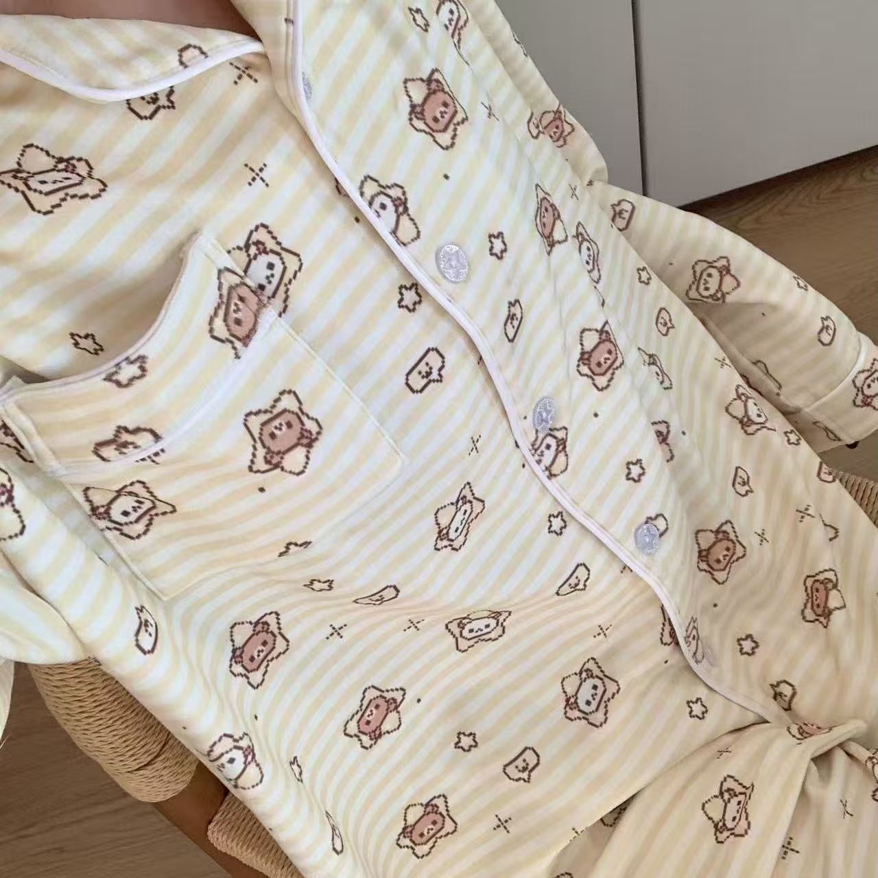 卡通ins条纹轻松熊睡衣女秋冬季保暖德绒长袖长裤套装家居服