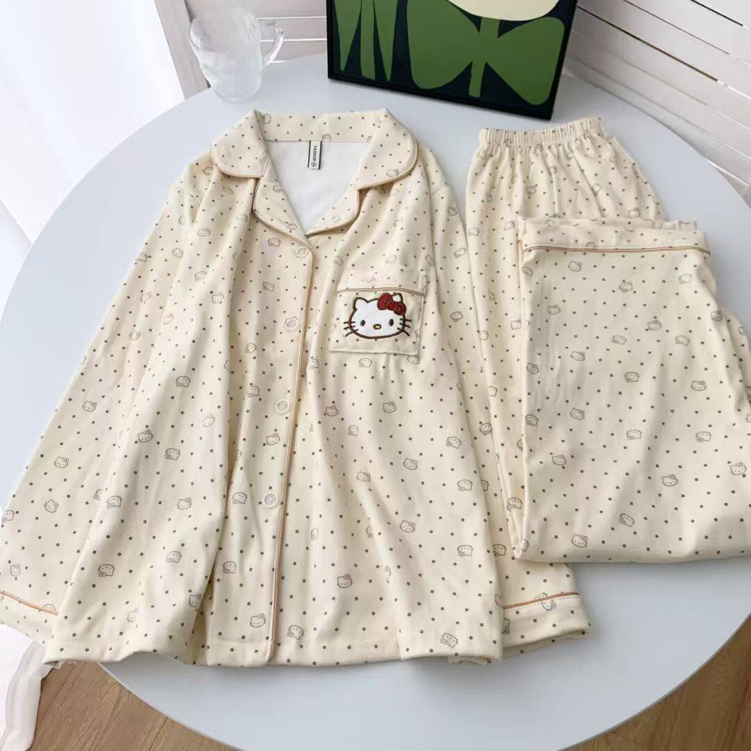 甜美可爱KT猫睡衣女秋冬季德绒加厚波点长袖长裤韩版居家服套装