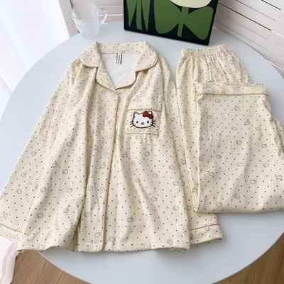 甜美可爱KT猫睡衣女秋冬季德绒加厚波点长袖长裤韩版居家服套装