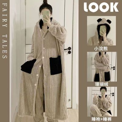 睡袍女冬季条纹长款宽松连帽熊耳朵加绒加厚浴袍珊瑚绒睡衣+裤子