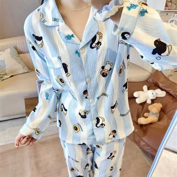 韩版条纹企鹅睡衣女春秋季可爱ins风套装美可外穿休闲家居服