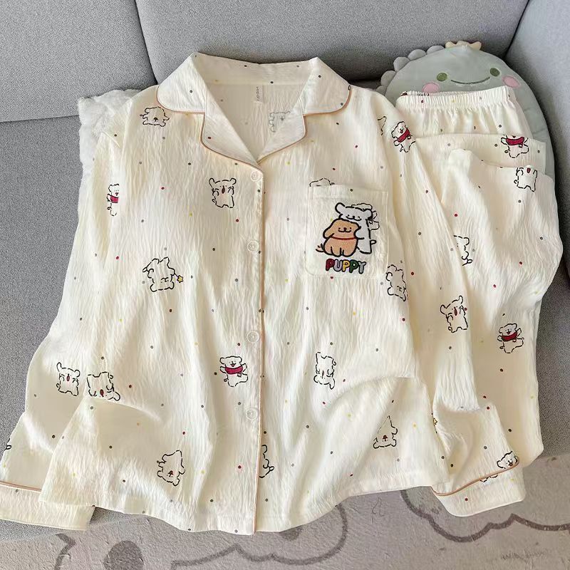 超萌卡通线条小狗睡衣女春秋季长袖长裤ins套装可外穿家居服