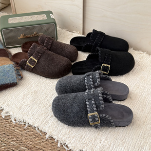 外穿女 巨好看包头拖鞋 保暖扣带厚底毛呢勃肯毛毛鞋 2025秋冬新款