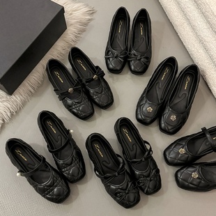 黑色菱格纹内增高小香风玛丽珍鞋蝴蝶结新款山茶花小香风单鞋女