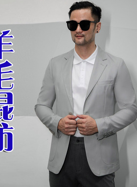 老钱风3折2025秋季羊毛混纺高级浅绿灰商务男休闲西装 214029