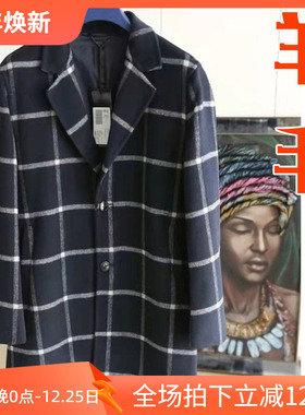 镇店之宝3折冬季英伦格子宝蓝商务羊毛双排扣修身男大衣97571