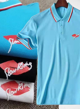 夏季清仓2折帅气红唇手工串珠穿珠子黑白蓝男翻领短袖T恤 81074