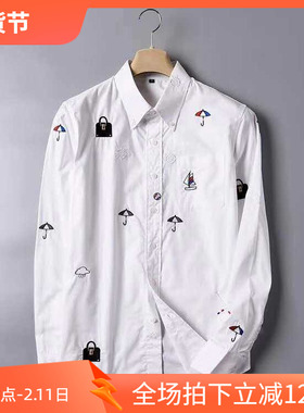 3折秋季精梳棉面料小船雨伞图案刺绣男士休闲长袖衬衣 72061 P70