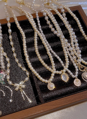 法式复古珍珠镶钻爱心锁骨链