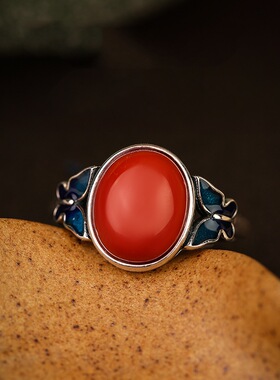 泰银民族风精工珐琅南红复古蝴蝶蓝蝶开口女士戒指蝴蝶花指环