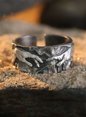 欧美上帝之手戒指男简约复古名画艺术食指戒时尚百搭高级感指环