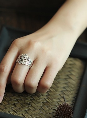 设计师款 泰银风格 复古做旧 镂空花纹宽版百搭开口戒指指环