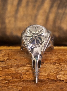 复古北欧维京渡鸦骷髅指南针泰银开口戒指男夸张摇滚大码朋克