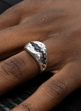 裂痕戒指男嘻哈复古个性设计镶蓝宝石指环泰银开口可调节指环