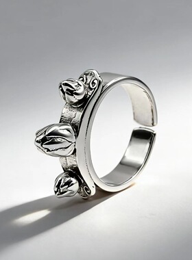 泰银复古雷榍花苞开口戒指小众设计感轻奢高级感百搭食指戒女