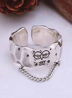 卡通海绵宝宝戒指女动漫周边食指戒小众时尚创意拼接链条开口指环