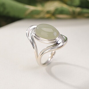 泰银复古镶嵌蛋面和田青玉戒指时尚大气简约轻奢国风个性手饰