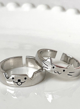 泰银小猫小狗戒指时尚百搭简约高级感情侣礼物个性可调节对戒