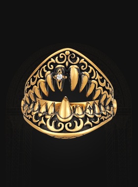 复古黑金巨齿鲨戒指男女百搭个性铜镀古金潮男开口可调节指环