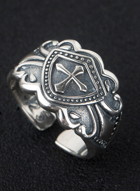 925纯银戒指情侣男女 十字架十字军盾牌一对复古朋克骑士潮开口宽