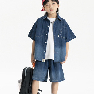 Singira男童宽松潮酷水洗牛仔套装韩系渐变色翻领衬衫直筒五分裤