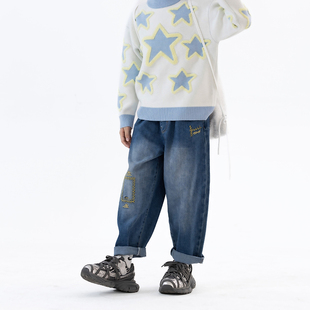 Singira儿童春秋简约复古锥形裤黄色线条刺绣清冷牛仔裤日常百搭