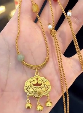 金色平安福字锁包项链女时尚简约编织绳吊坠半成品diy复古锁骨链