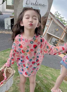 女童红色草莓花朵冰丝长袖T恤防晒衣薄款透气宝宝圆领打底衫t凉快