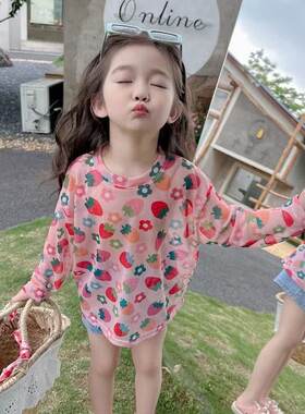 女童红色草莓花朵冰丝长袖T恤