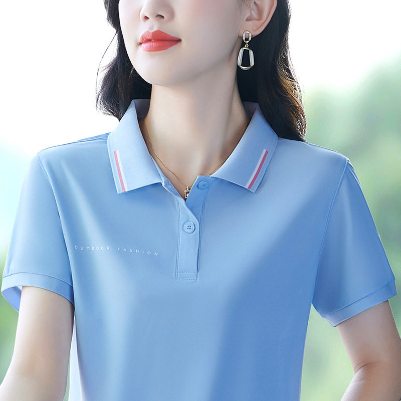 2025新款冰丝运动翻领T恤女士天蓝色短袖POLO衫薄款透气速干夏季