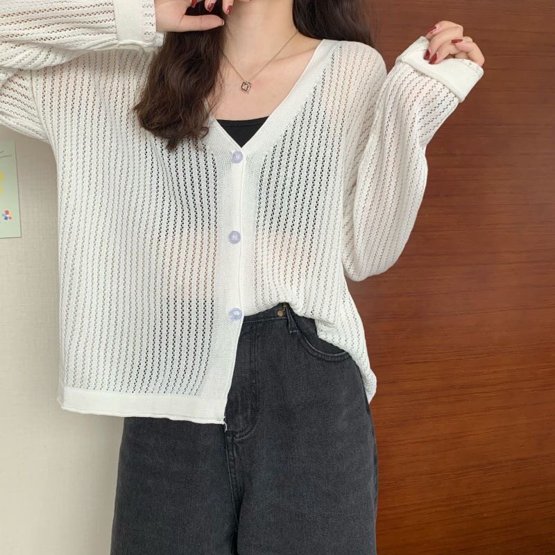 针织长袖女夏季2026新款韩版宽松薄款镂空纯色开衫外搭上衣