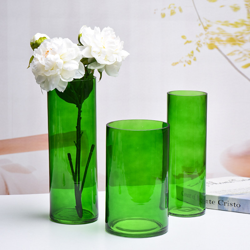 法兰晶现代绿色直筒玻璃花瓶家用富贵竹鲜花水培家居插花瓶摆件