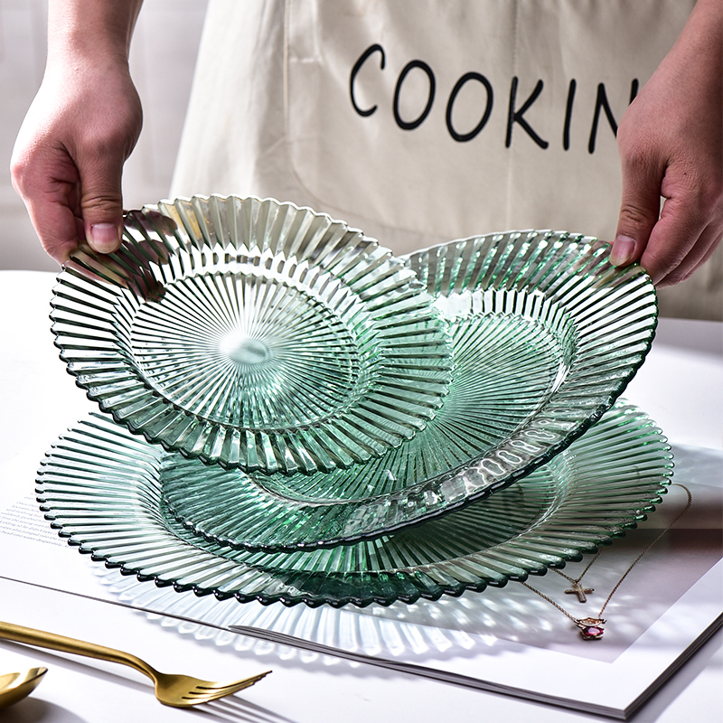法兰晶折纸纹玻璃盘轻奢家用餐具水果盘子西餐沙拉盘餐盘碟子高端