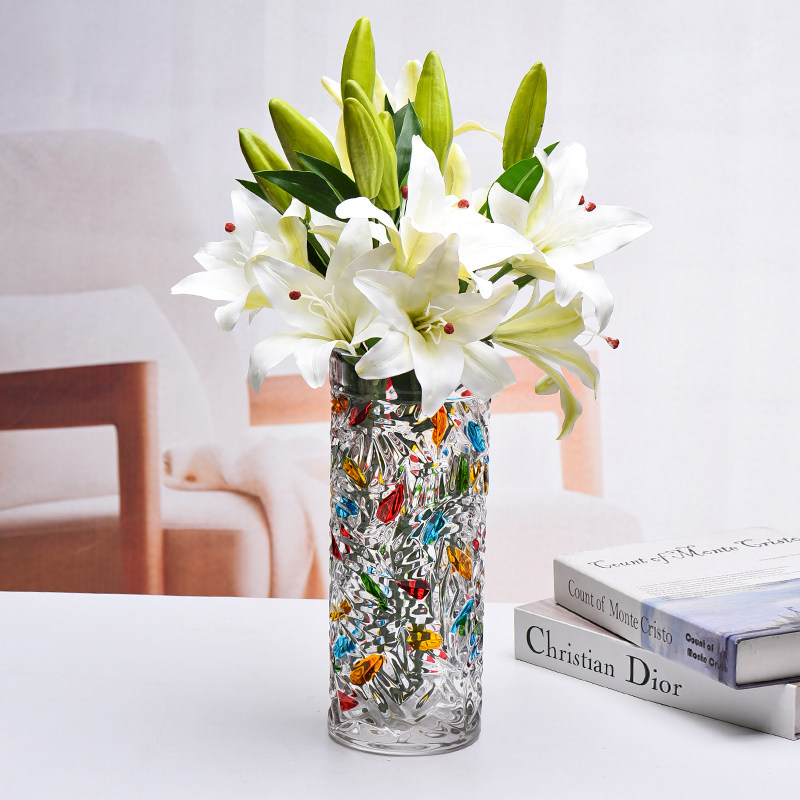 法兰晶轻奢彩绘透明玻璃花瓶鲜花水培富贵竹圆柱形家居装饰摆件