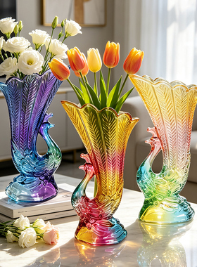法兰晶轻奢彩色玻璃花瓶鲜花插花水培孔雀造型家居装饰台面摆件